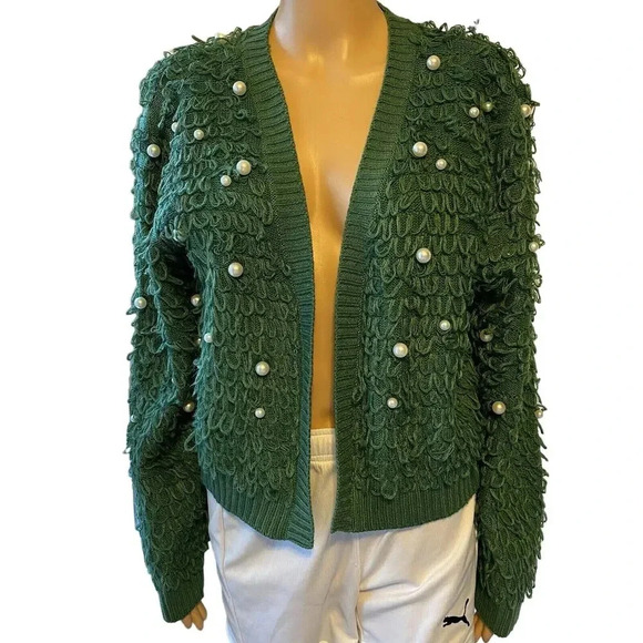 Emerald Green Loop Faux Pearl Cropped Cardigan Sweater Lady XL Whimsigoth Knit - Picture 1 of 10